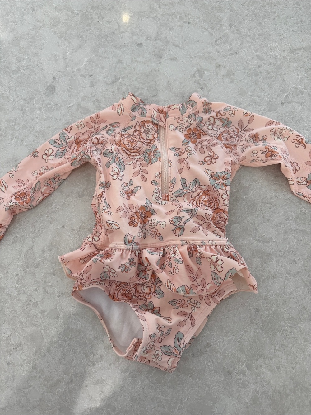 Girls' Floral Pink Long-Sleeve Ruffle One-Piece Swimsuit
